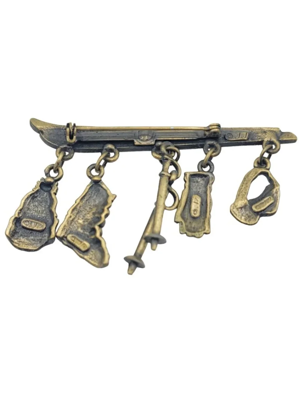 JJ Jonette Jewelry Gold Tone Snow Skiing Charms Brooch, Signed